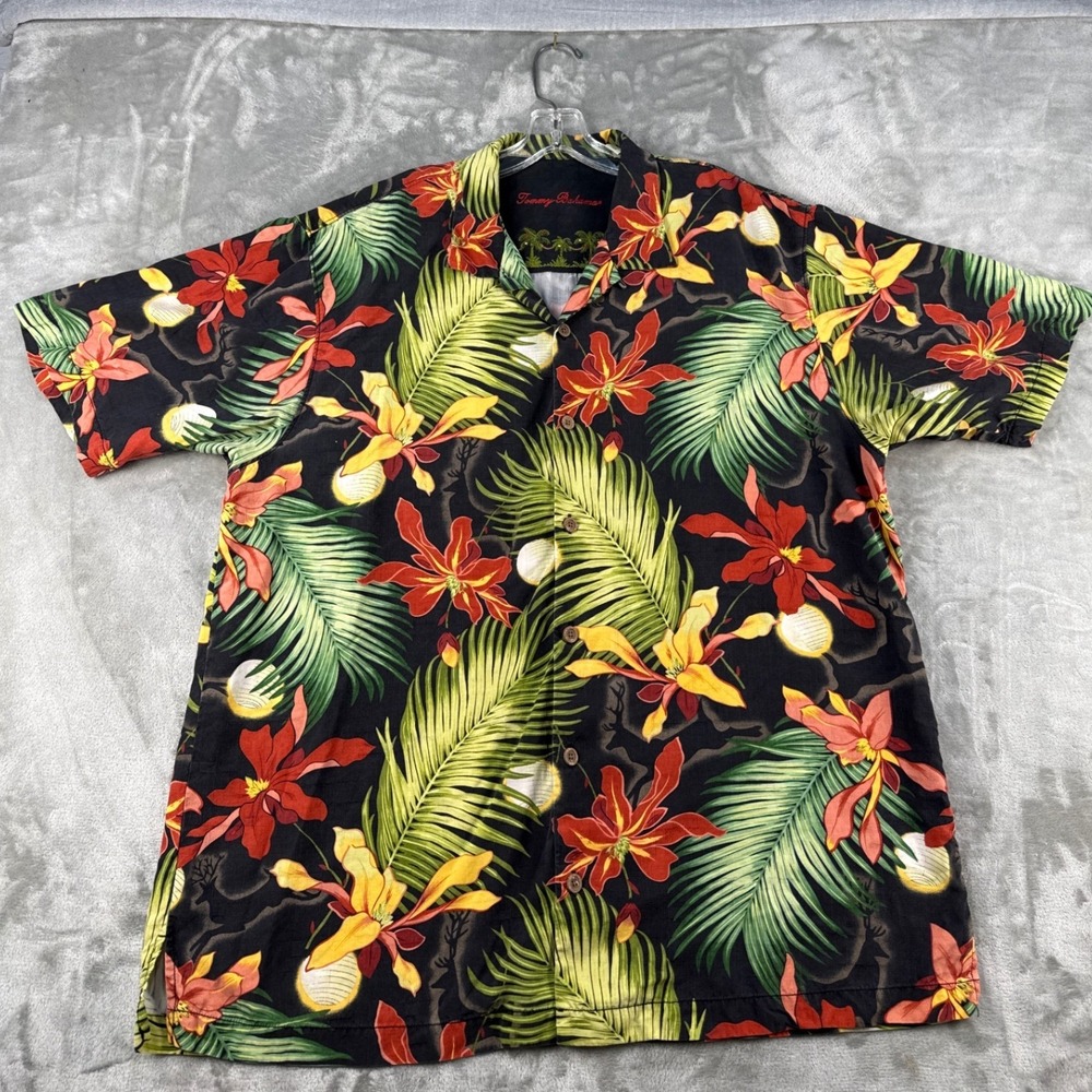 Tommy Bahama Button-Down Mens XL Silk Tropical Floral Black EUC